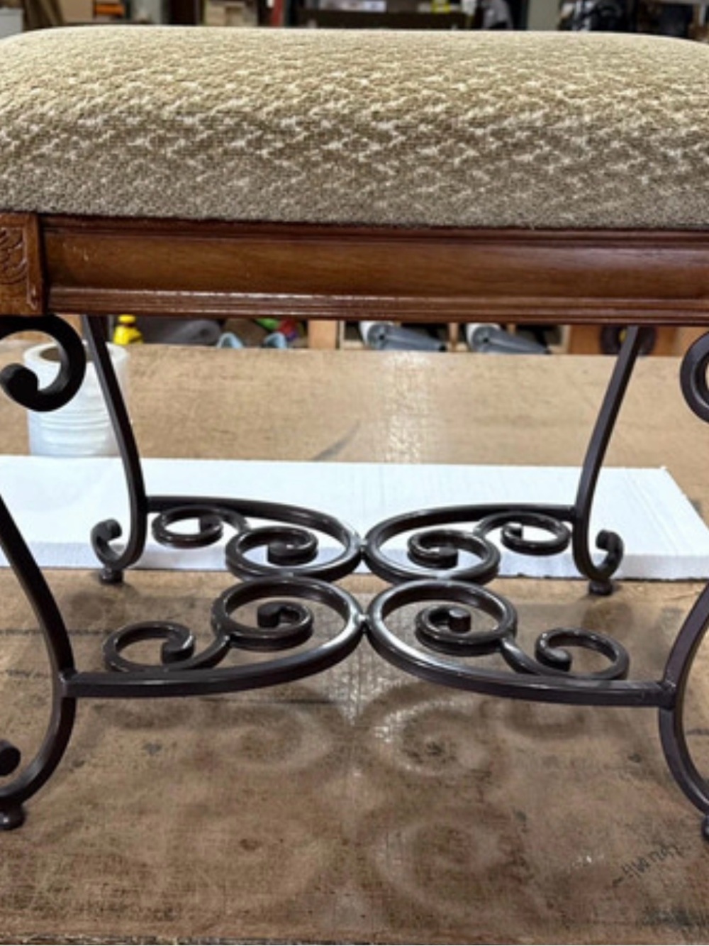 Beige Upholstered Bench with Dark Brown Scroll Metal Base